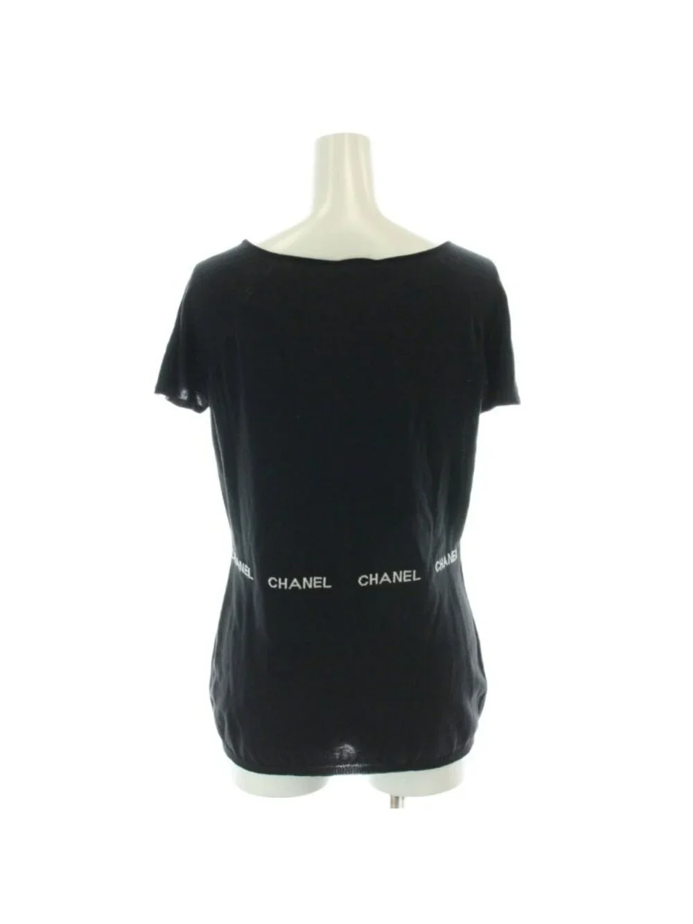 Chanel Knit Short Sleeve Cotton Logo Black Sweater 42